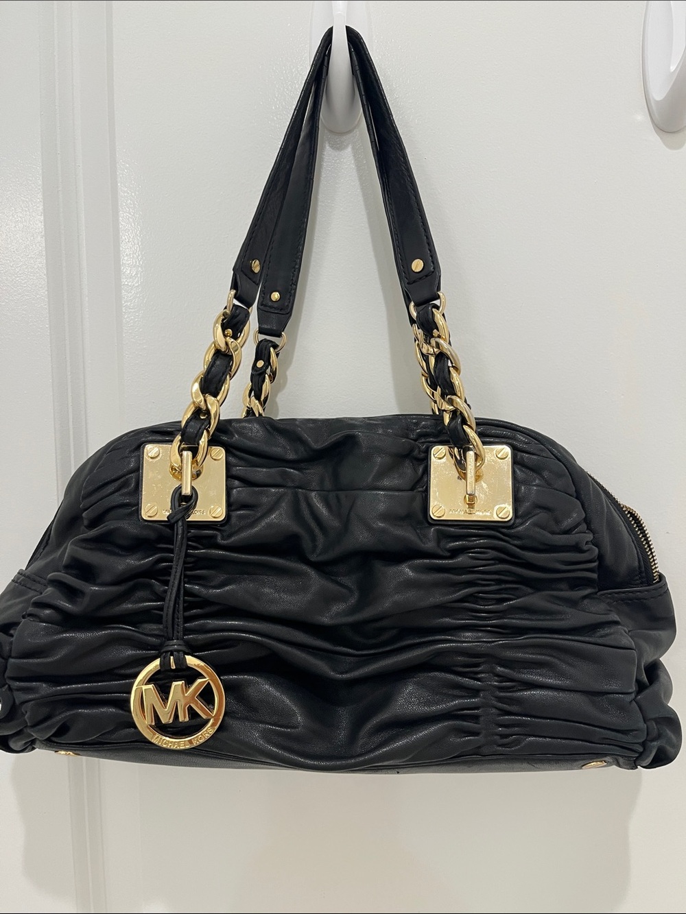 Michael Kors Black Ruched Leather Shoulder Bag with Gold Accents-Edgy Elegance